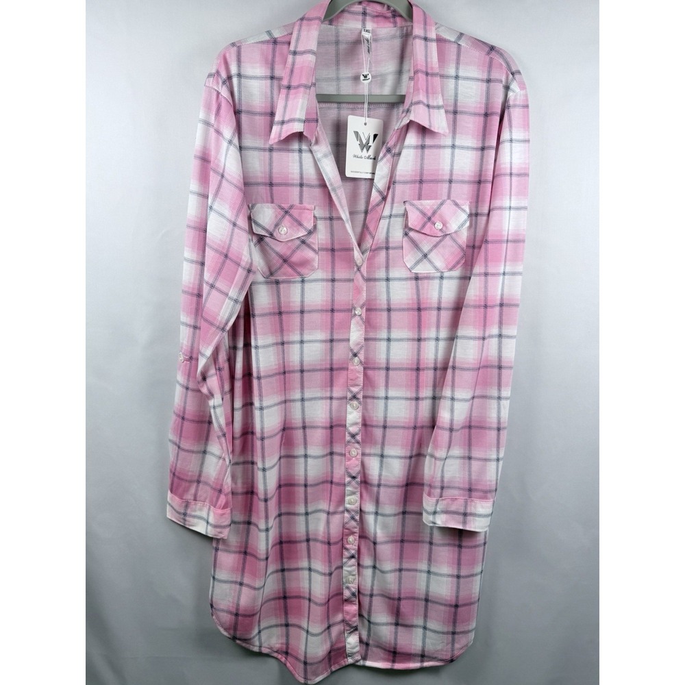 White Mark Women's 1XL Pink Plaid Button Down Tunic Shirt NWT Long Sleeve